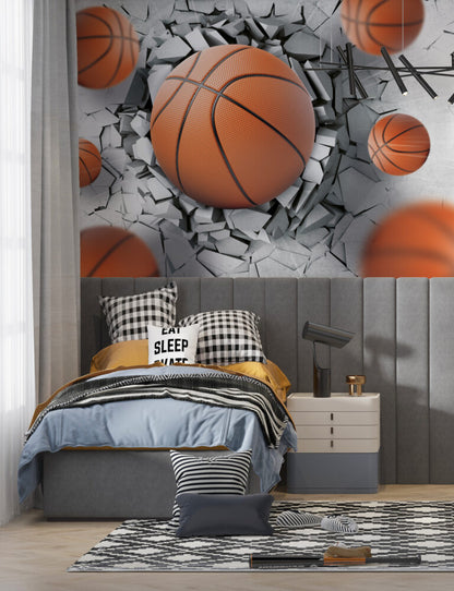 3D Duvar Kıran Basketbol Topları Duvar Kağıdı