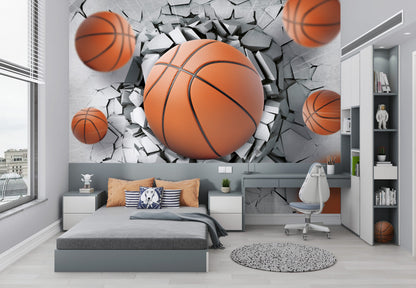 3D Duvar Kıran Basketbol Topları Duvar Kağıdı