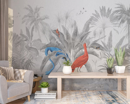 Siyah Beyaz Tonlarda Renkli Flamingo 3D Duvar Kağıdı