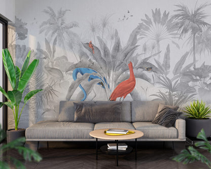 Siyah Beyaz Tonlarda Renkli Flamingo 3D Duvar Kağıdı