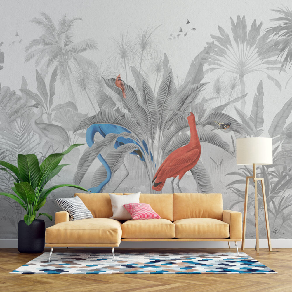 Siyah Beyaz Tonlarda Renkli Flamingo 3D Duvar Kağıdı