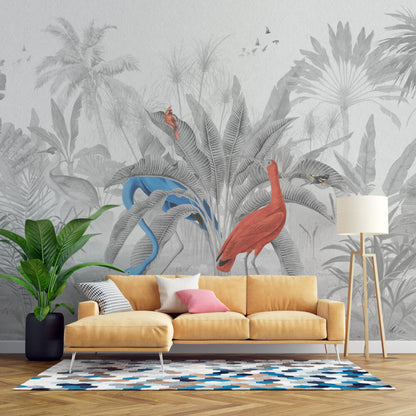 Siyah Beyaz Tonlarda Renkli Flamingo 3D Duvar Kağıdı