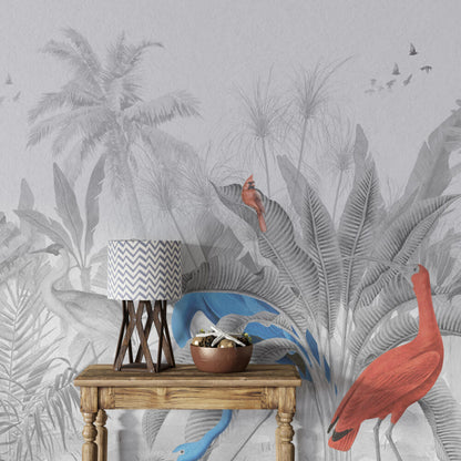 Siyah Beyaz Tonlarda Renkli Flamingo 3D Duvar Kağıdı