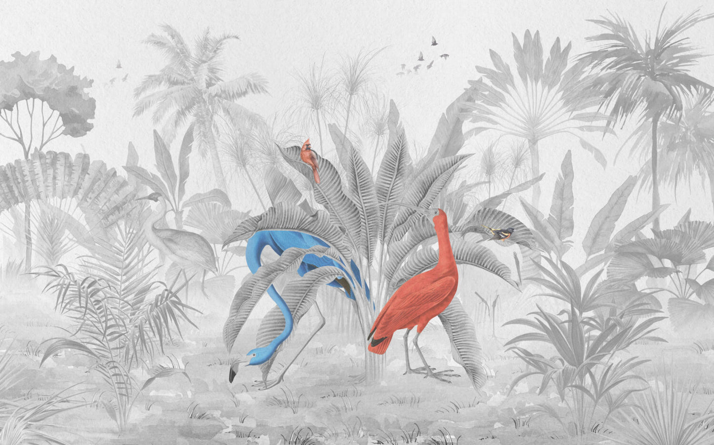 Siyah Beyaz Tonlarda Renkli Flamingo 3D Duvar Kağıdı