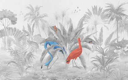 Siyah Beyaz Tonlarda Renkli Flamingo 3D Duvar Kağıdı