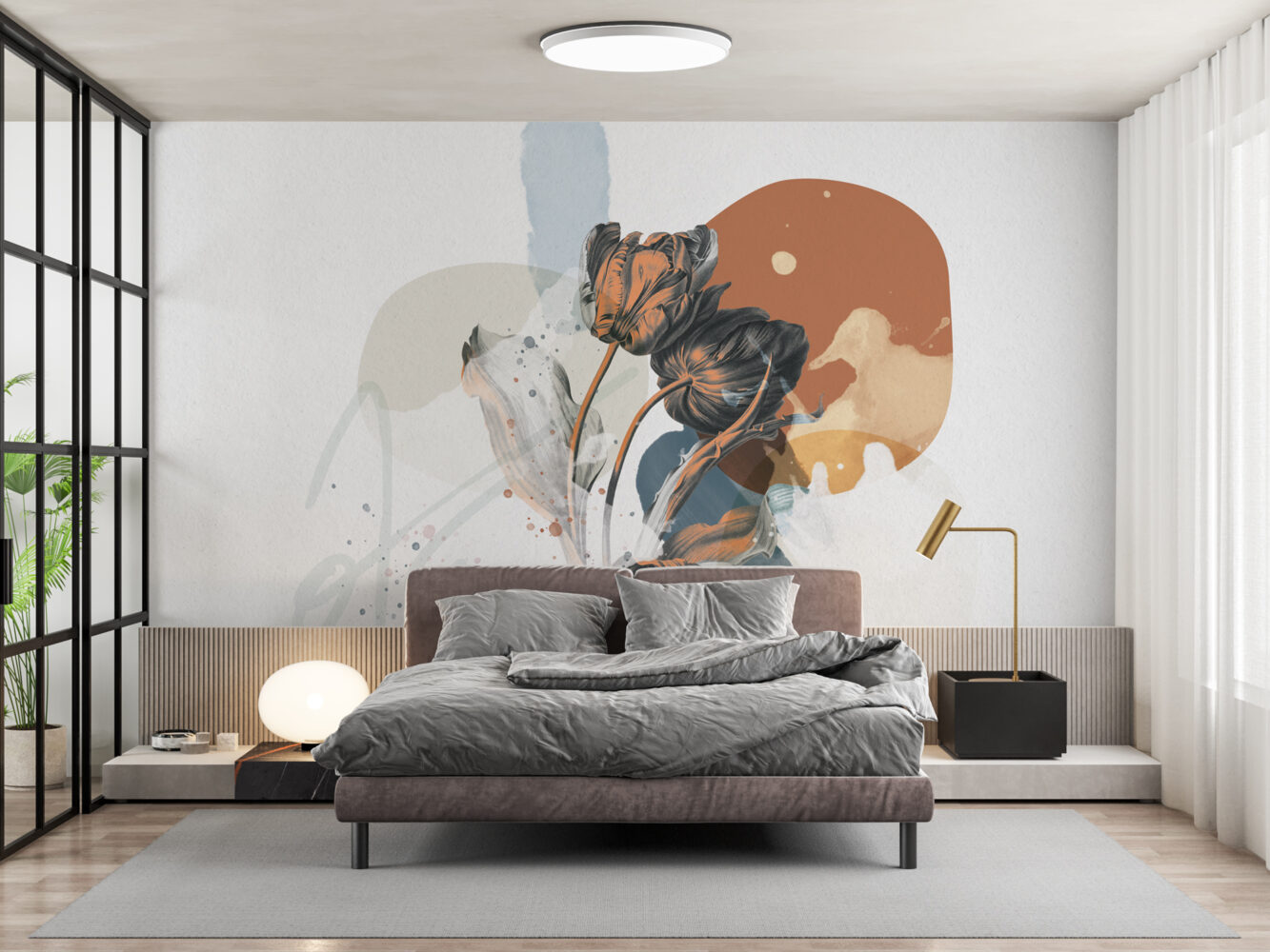 Soft Kırmızı Arka planlı Siyah Çiçek 3D Duvar Kağıdı