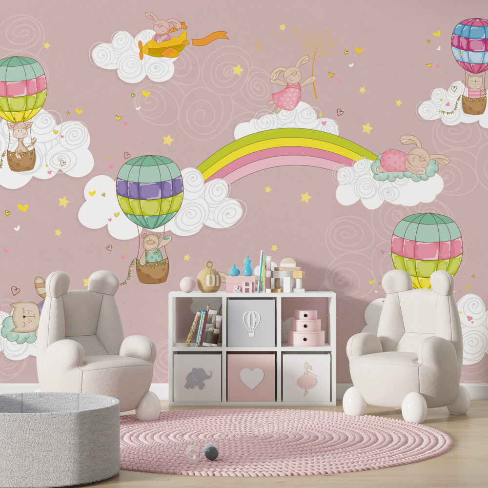 Renkli Uçan Balonlar Pembe Zeminli Duvar Kağıdı Poster