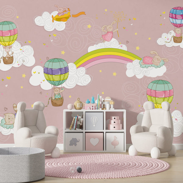 Renkli Uçan Balonlar Pembe Zeminli Duvar Kağıdı Poster