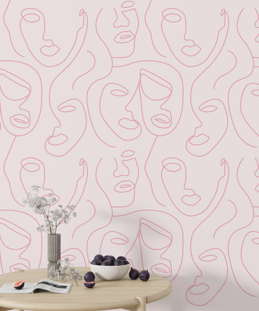 Çizgisel Portreler Pembe Zeminli Duvar Kağıdı Poster