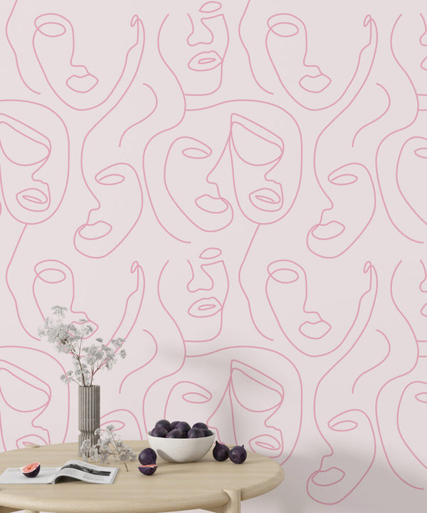 Çizgisel Portreler Pembe Zeminli Duvar Kağıdı Poster