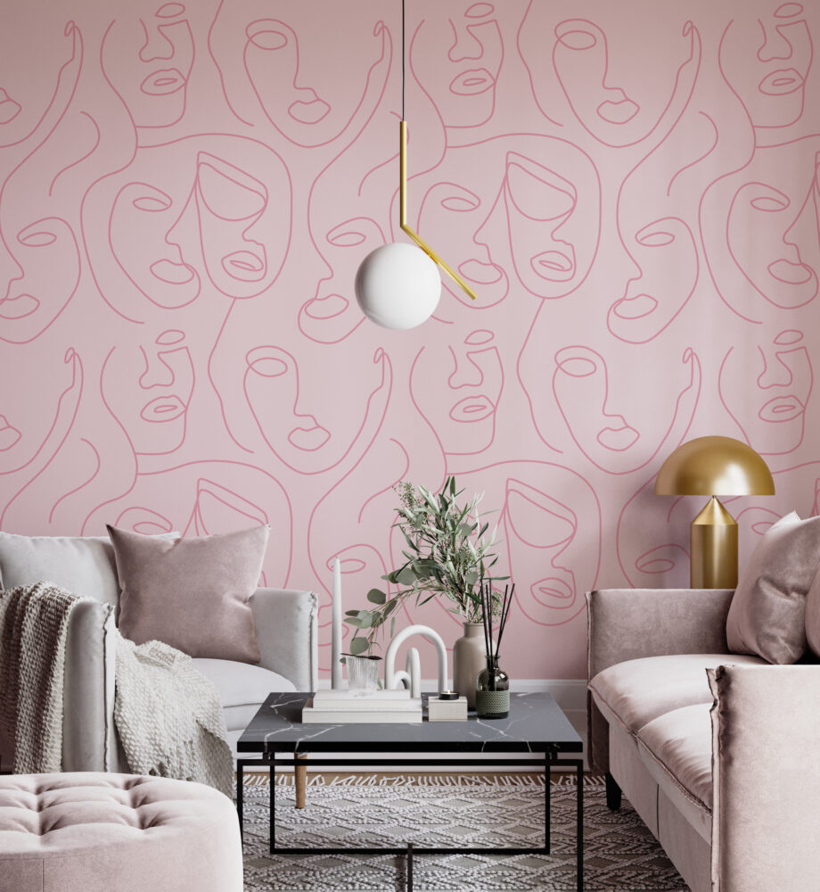 Pembe Zeminli Çizgisel Portreler Duvar Kağıdı