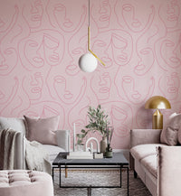 Çizgisel Portreler Pembe Zeminli Duvar Kağıdı Poster