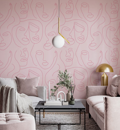 Pembe Zeminli Çizgisel Portreler Duvar Kağıdı