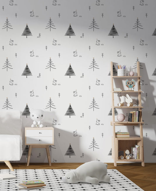 Minimalist Çam Ağaçları ve Tavşan Duvar Kağıdı