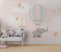 Fil Pembe Bulutlar Balonlarla Uçan Duvar Kağıdı Poster