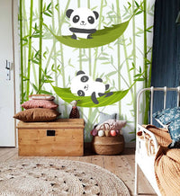 Pandalar Temalı 3D Yaprak Üzerindeki Duvar Kağıdı Poster