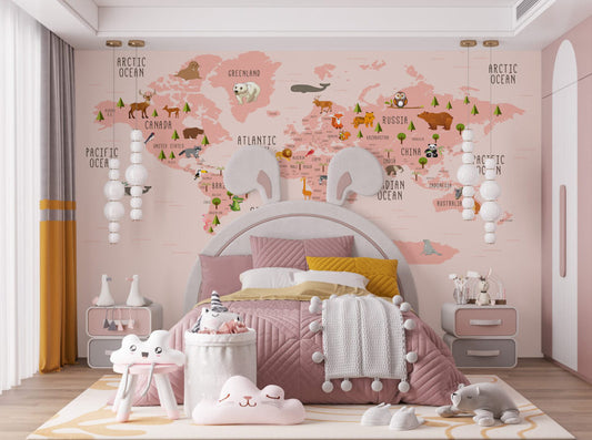 Pembe Renkli Çocuk Haritası 3D Duvar Kağıdı | Duvar Kağıdı Marketi