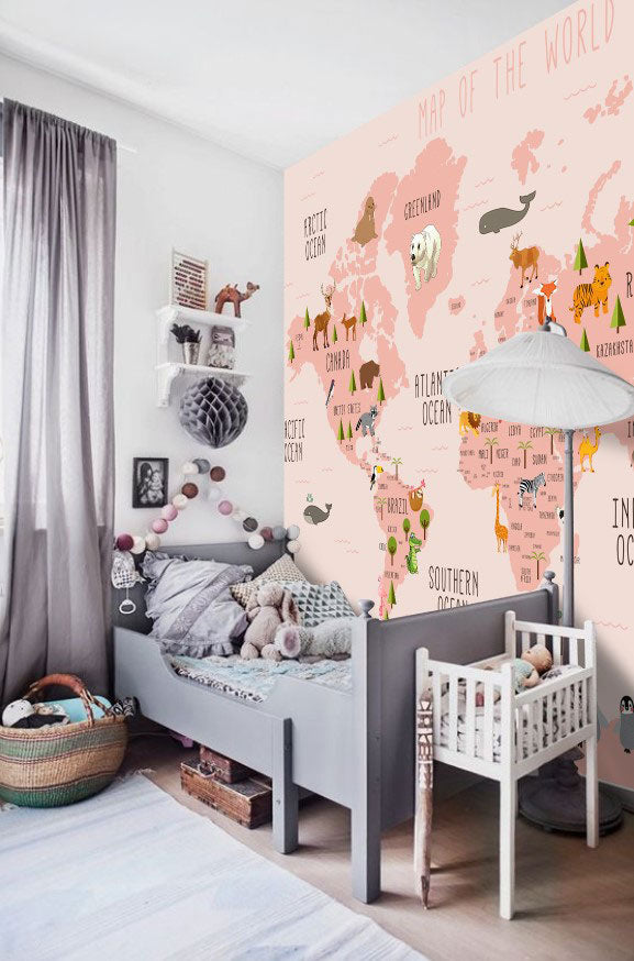 Pembe Renkli Çocuk Haritası 3D Duvar Kağıdı | Duvar Kağıdı Marketi
