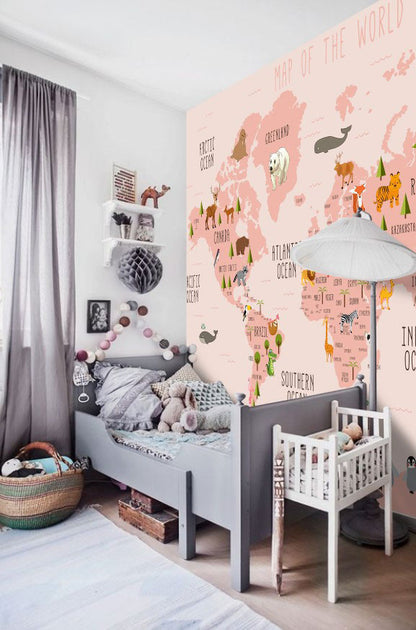 Pembe Renkli Çocuk Haritası 3D Duvar Kağıdı | Duvar Kağıdı Marketi