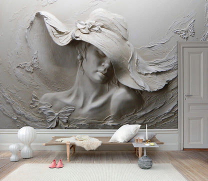 Şapkalı Kadın Portresi Desenli 3D Duvar Kağıdı