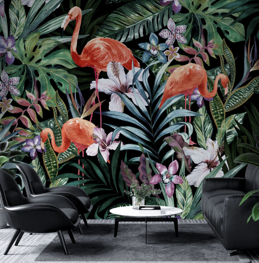 Koyu Renk Flamingo Figürlü Tropikal Duvar Kağıdı