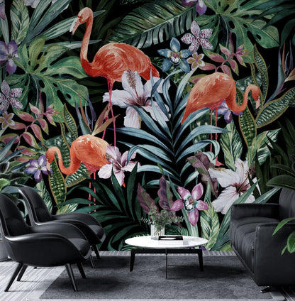 Koyu Renk Flamingo Figürlü Tropikal Duvar Kağıdı