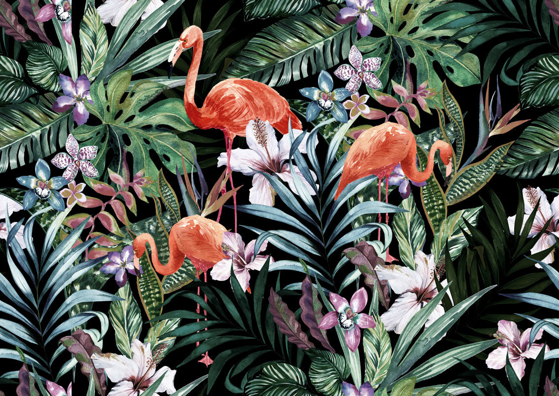 Flamingo Figürlü Tropikal Koyu Renk Duvar Kağıdı Poster