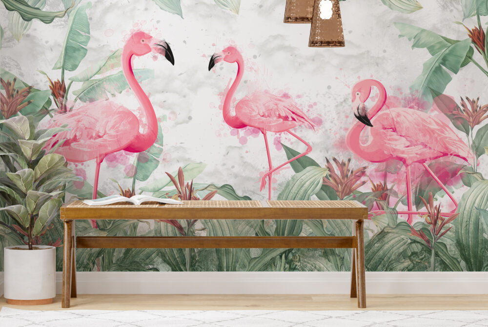 Flamingo Desenli 3D Yeşillerin İçindeki Duvar Kağıdı Poster