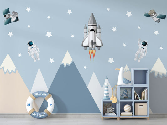 Dağlar ve Astronot Figürleri Uzay Duvar Kağıdı