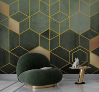 Desen Yeşil Altın Renginde Modern Geometrik Duvar Kağıdı Poster