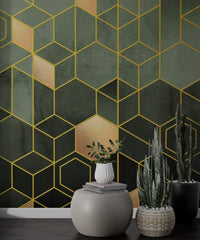 Desen Yeşil Altın Renginde Modern Geometrik Duvar Kağıdı Poster