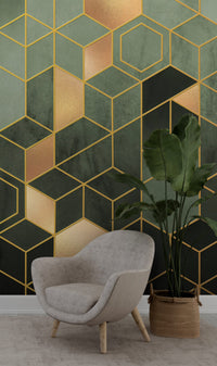 Desen Yeşil Altın Renginde Modern Geometrik Duvar Kağıdı Poster