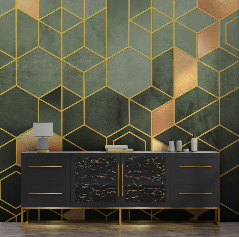 Desen Yeşil Altın Renginde Modern Geometrik Duvar Kağıdı Poster