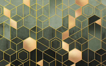 Modern Geometrik Desen Yeşil ve Altın Renginde Duvar Kağıdı