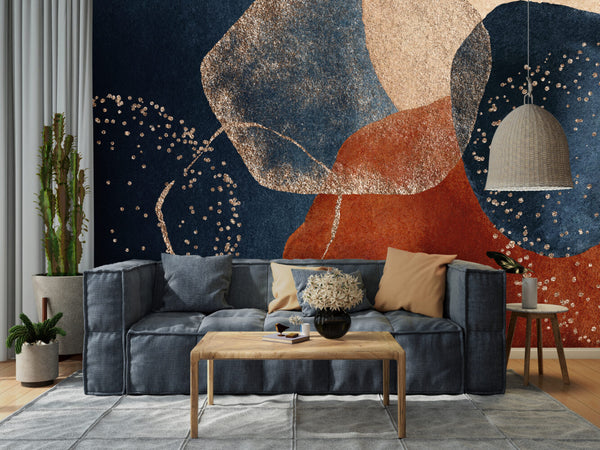 Boho Desen Lacivert Kızıl Duvar Kağıdı Poster