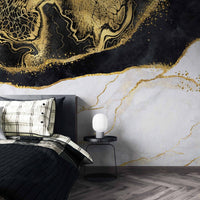 Damarlı Siyah-Beyaz Mermer Desen Soyut Gold Duvar Kağıdı Poster