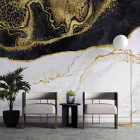 Damarlı Siyah-Beyaz Mermer Desen Soyut Gold Duvar Kağıdı Poster