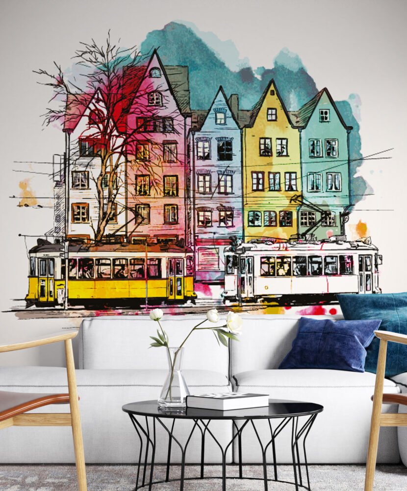 Şehir Tramvay Renkli Eskitilmiş Duvar Kağıdı Poster