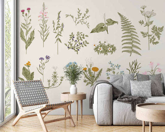 Minimalist Çiçekler ve Eğrelti Otları Duvar Kağıdı