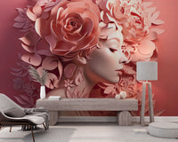 Çiçekli Kadın Pembe Tonda Duvar Kağıdı Poster