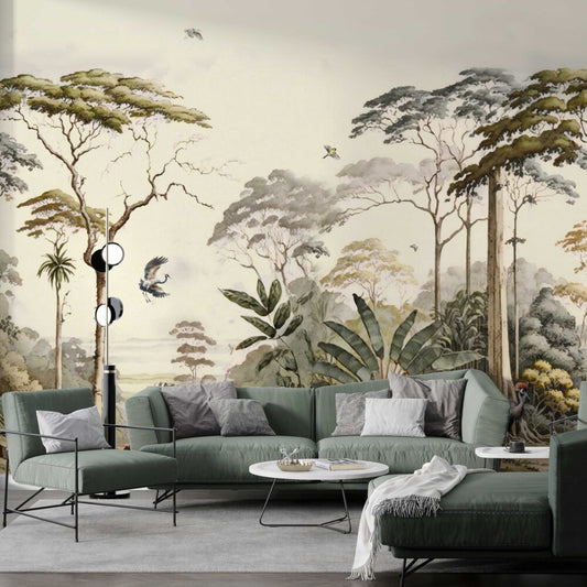 Tropikal Ormanda Turna Kuşları Duvar Kağıdı 290x253 290cm En 253cm Boy Dokulu