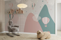Balonlar Dağlar Pastel Pembe Duvar Kağıdı Poster