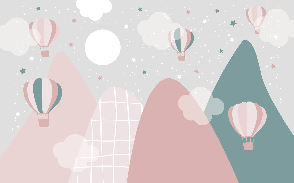 Balonlar Dağlar Pastel Pembe Duvar Kağıdı Poster