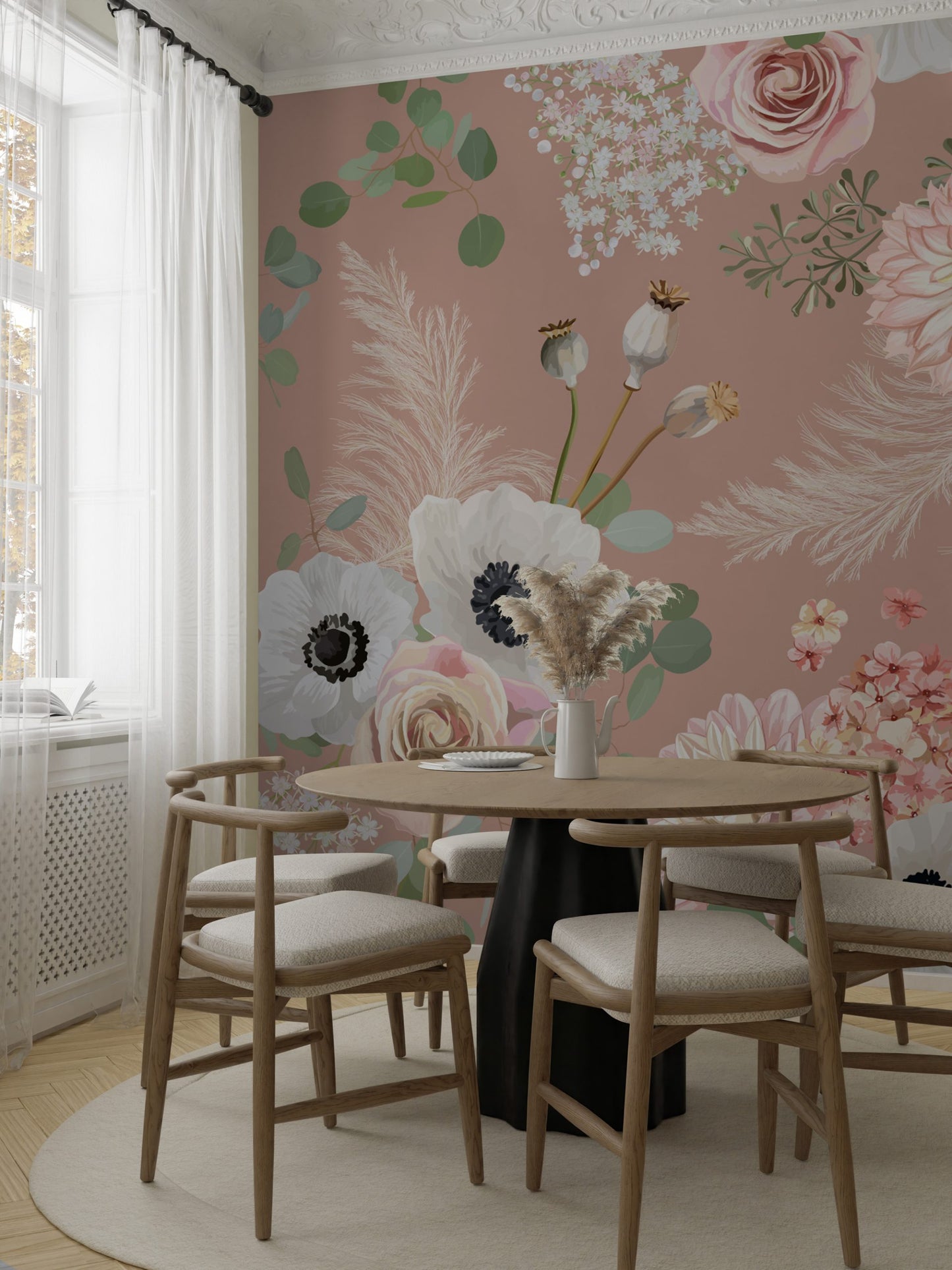 Pembe Fonda Renkli Çiçek Çeşitleri Duvar Kağıdı