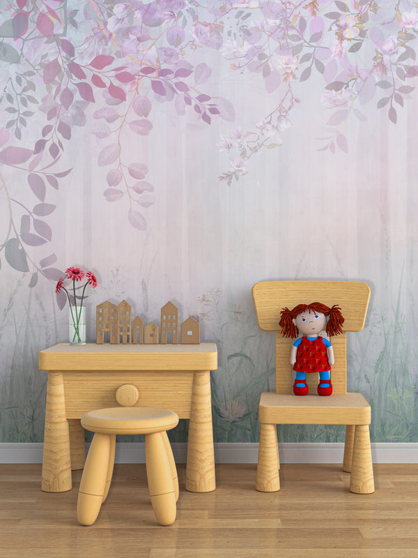 Çiçeklerle Çevrili Orman Soft Pembe Duvar Kağıdı Poster