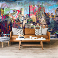 Manzarası Graffiti Desenli 3D Şehir Duvar Kağıdı Poster