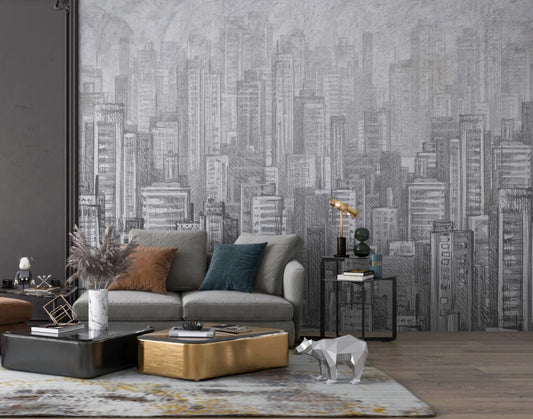3D Karakalem Çizimli Yüksek Bina Manzaralı Duvar Kağıdı | Duvar Kağıdı Marketi