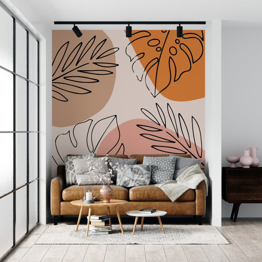 Boho Line Art Turuncu Yapraklı 3D Duvar Kağıdı