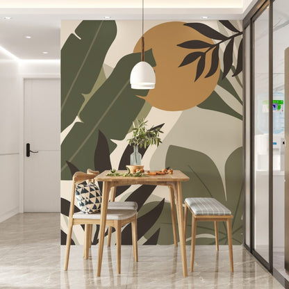 Boho Line Art Yeşil Yapraklı 3D Duvar Kağıdı