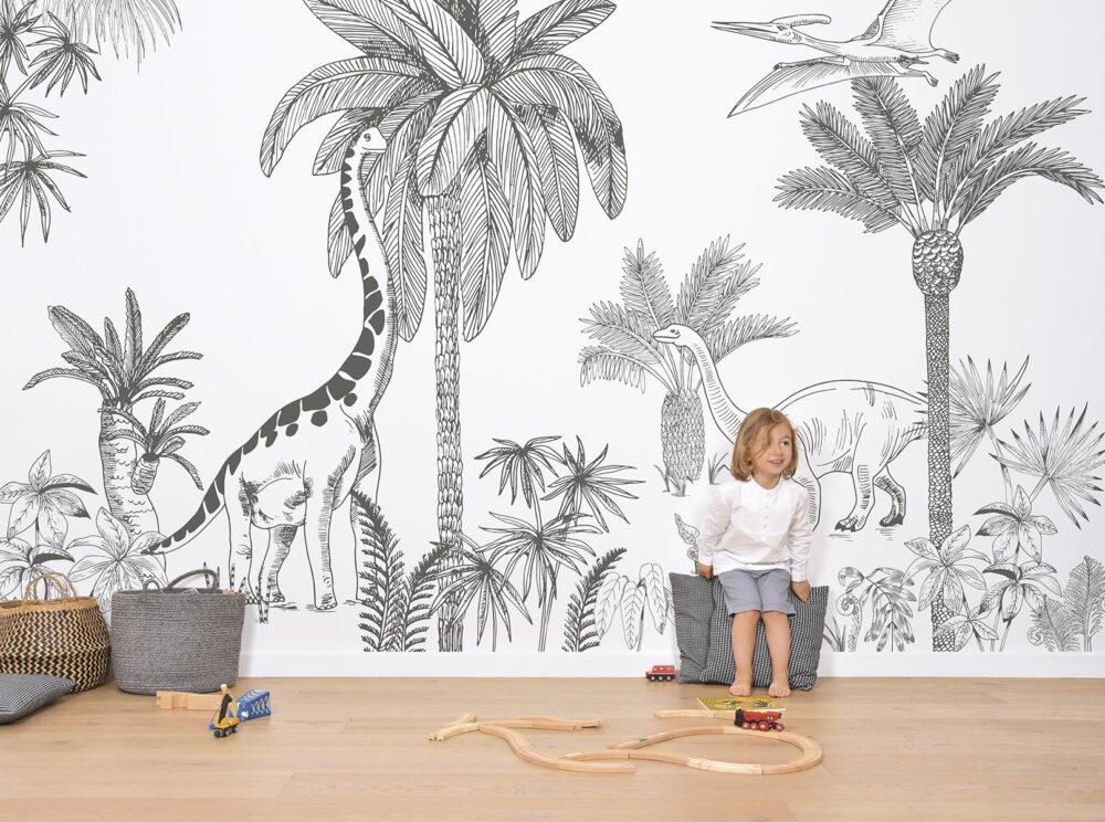 Siyah Beyaz Dinazorlu 3D Duvar Kağıdı